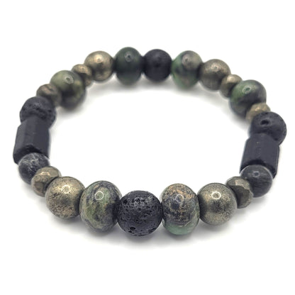 Tourmaline Pyrite, Chinese Jade, and Lava Rock Bracelet