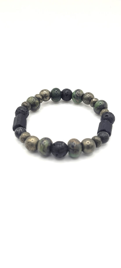 Tourmaline Pyrite, Chinese Jade, and Lava Rock Bracelet