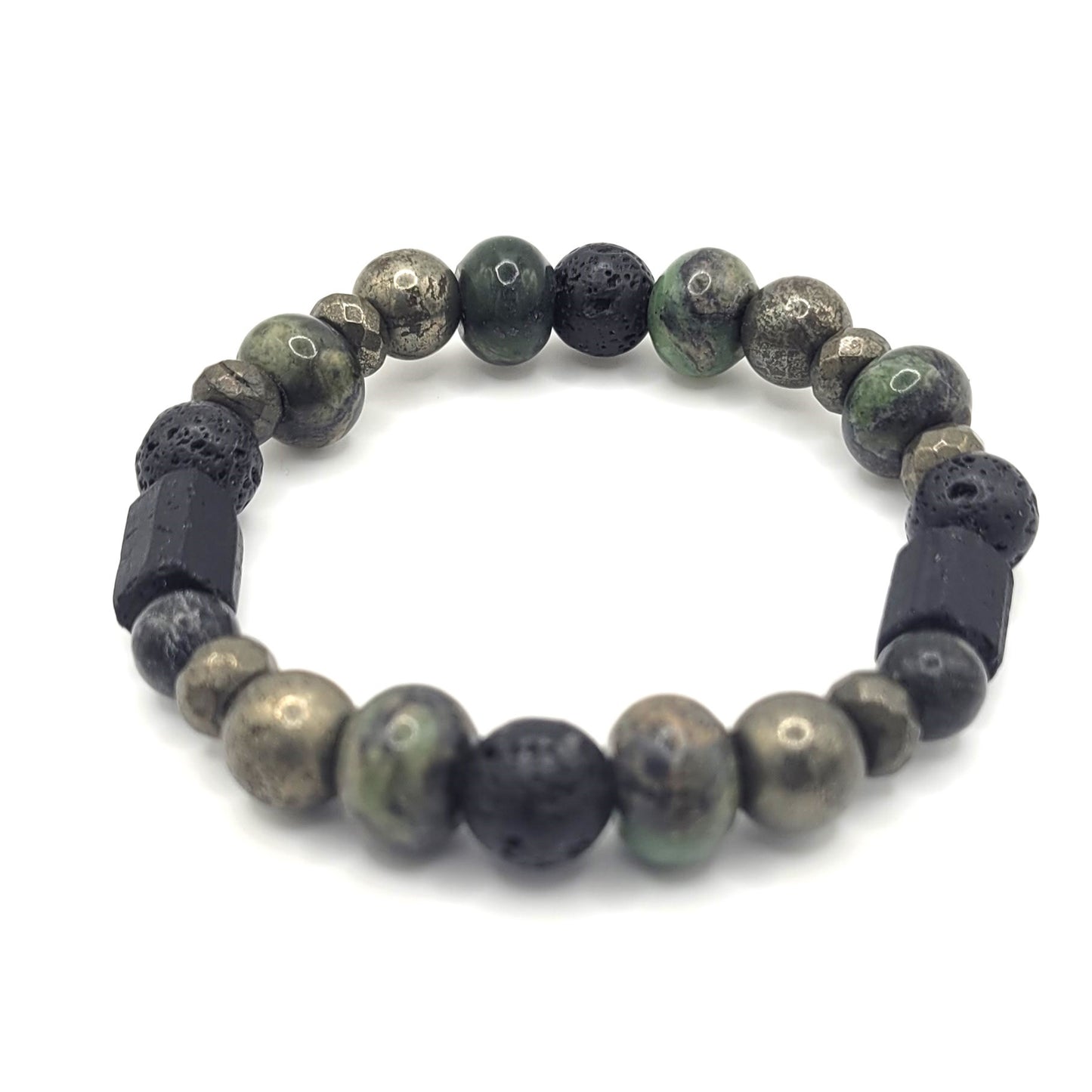 Tourmaline Pyrite, Chinese Jade, and Lava Rock Bracelet