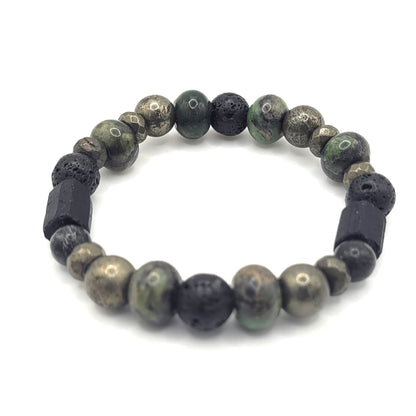 Tourmaline Pyrite, Chinese Jade, and Lava Rock Bracelet