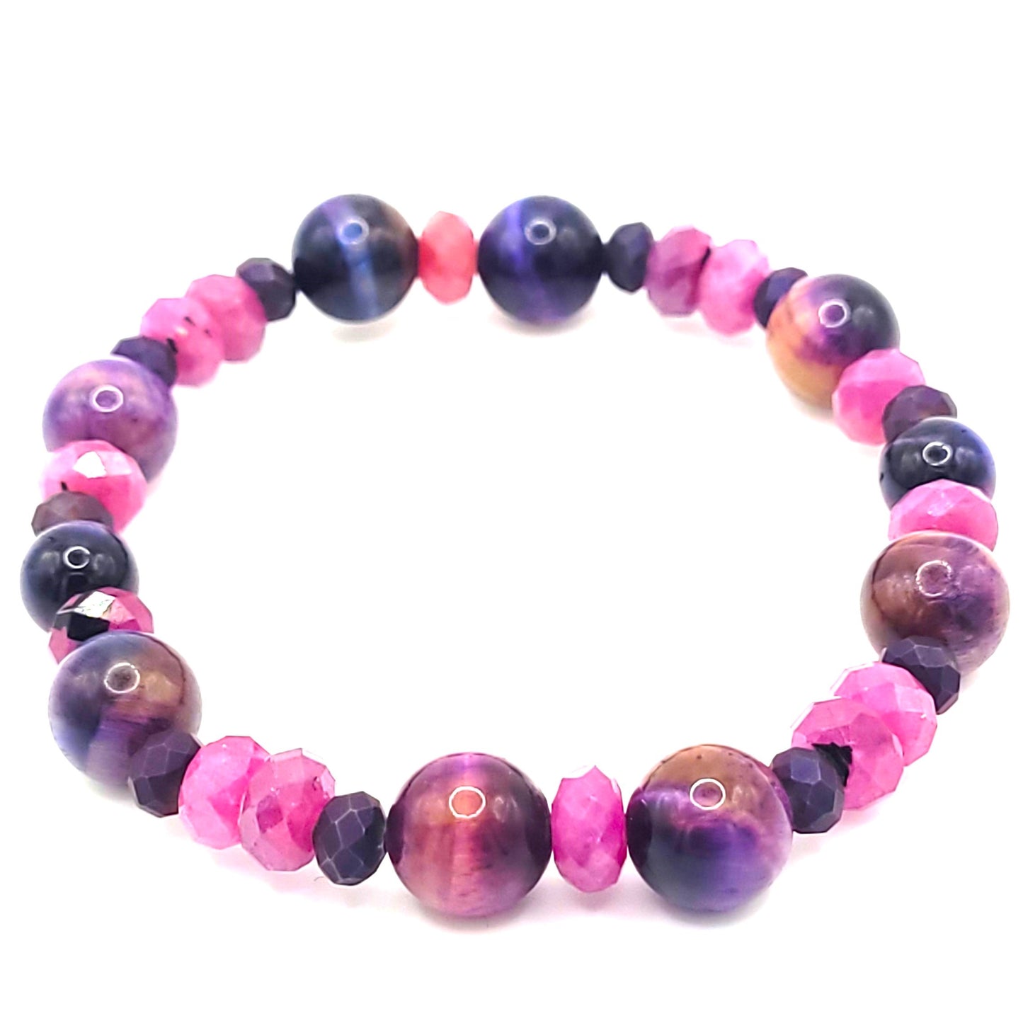 Ruby, Galaxy Tiger Eye, and Crystal Gemstone Beaded Stretch Bracelet