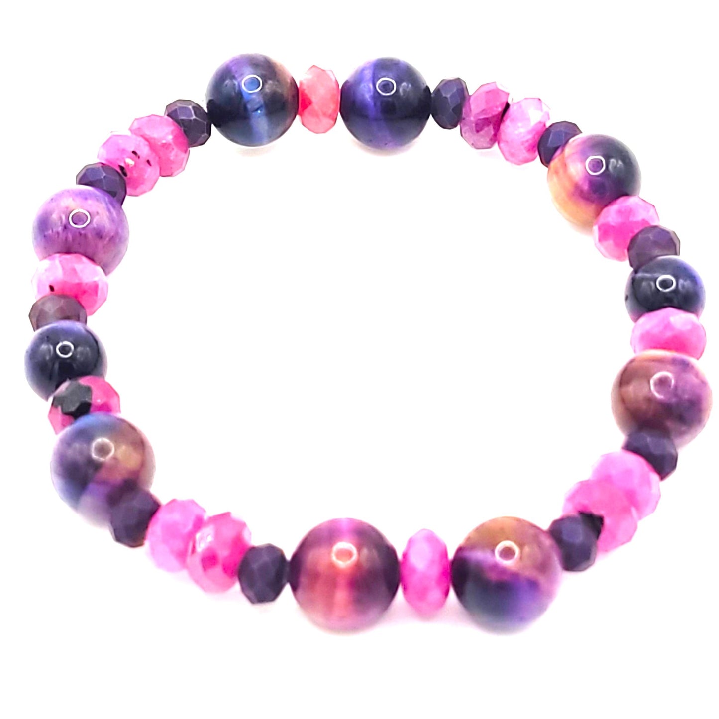 Ruby, Galaxy Tiger Eye, and Crystal Gemstone Beaded Stretch Bracelet