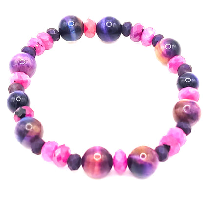 Ruby, Galaxy Tiger Eye, and Crystal Gemstone Beaded Stretch Bracelet