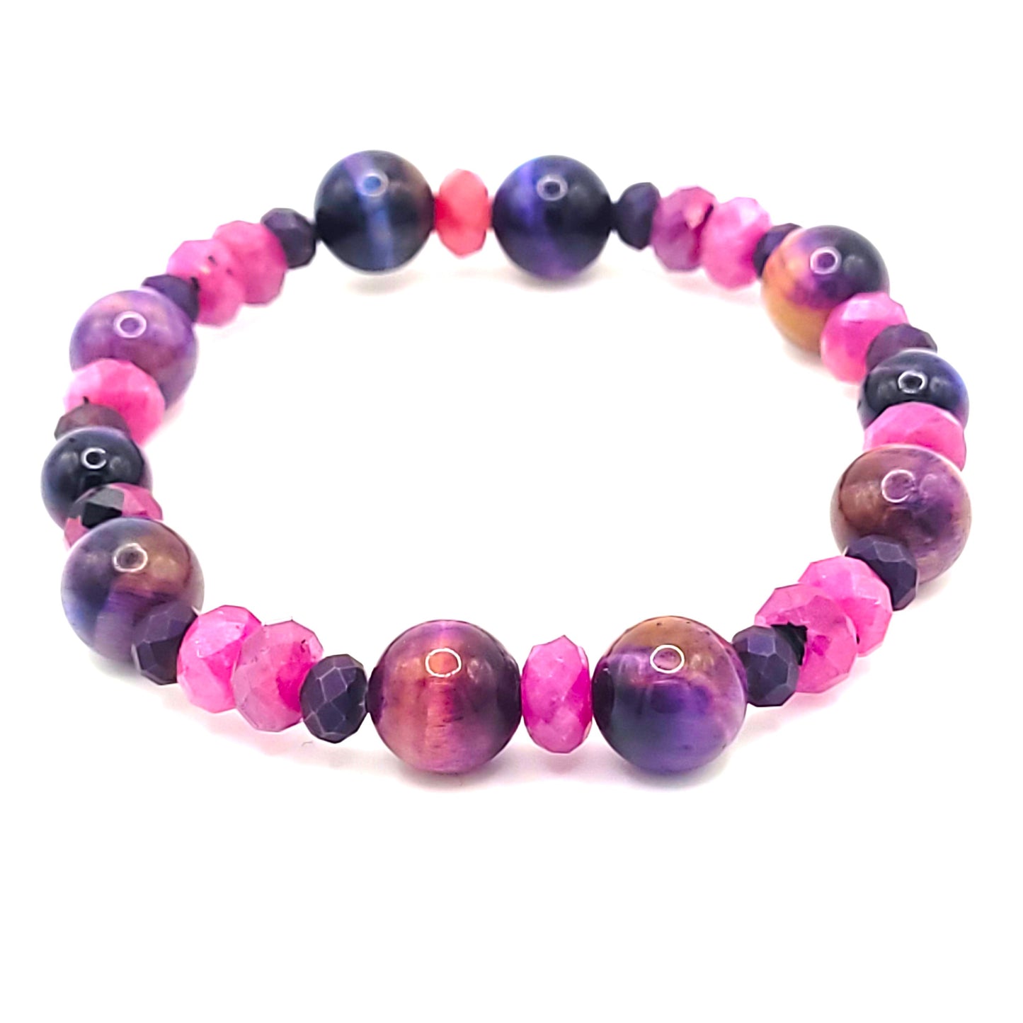 Ruby, Galaxy Tiger Eye, and Crystal Gemstone Beaded Stretch Bracelet