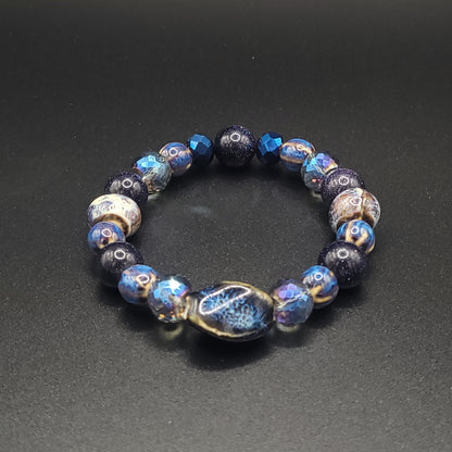 Blue Goldstone, Ceramic and Crystal Stretch Bracelet Size 7.5mm