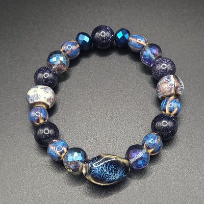 Blue Goldstone, Ceramic and Crystal Stretch Bracelet Size 7.5mm