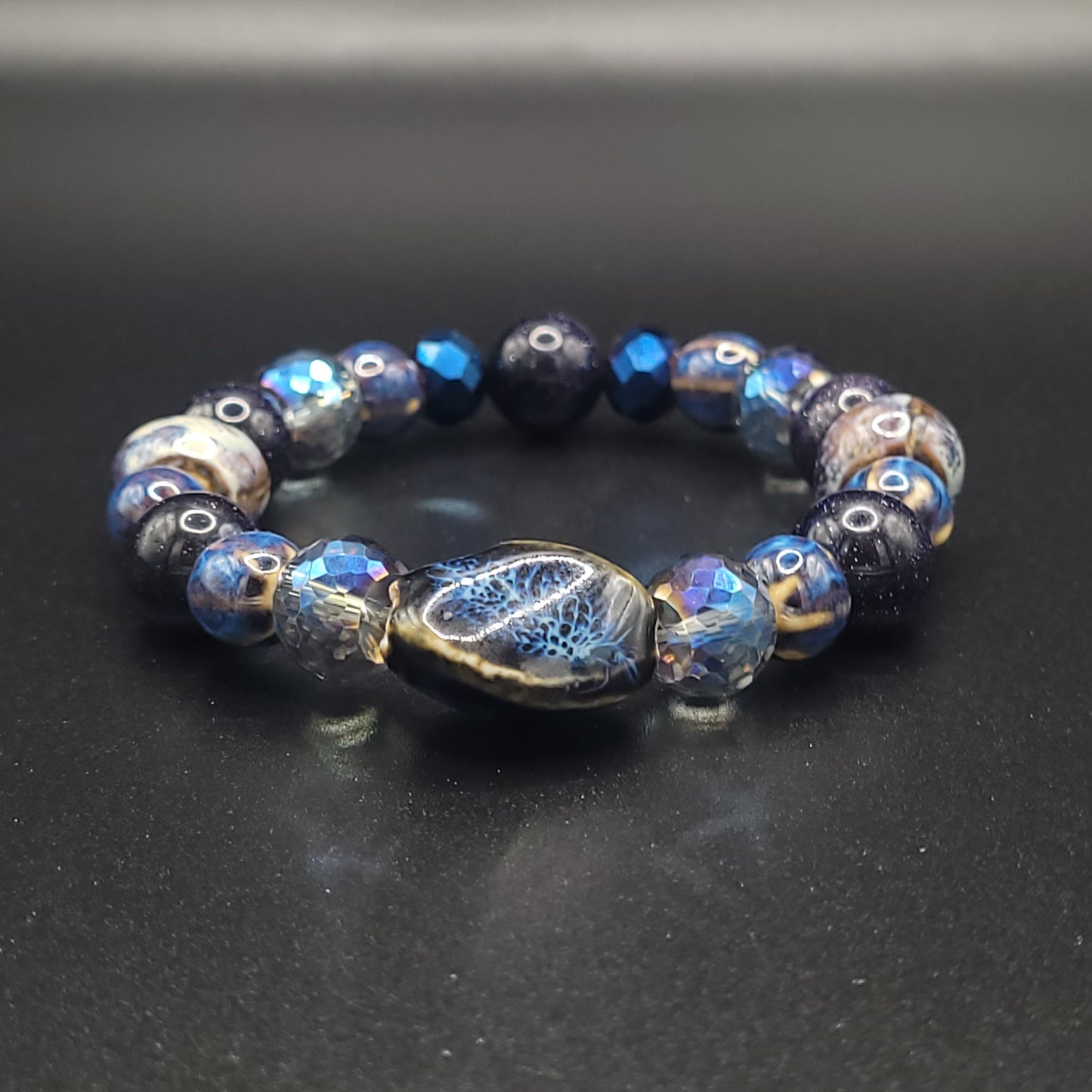 Blue Goldstone, Ceramic and Crystal Stretch Bracelet Size 7.5mm