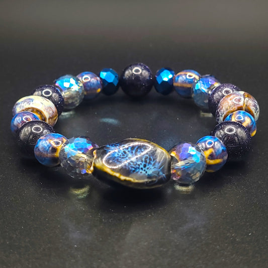 Blue Goldstone, Ceramic and Crystal Stretch Bracelet Size 7.5mm