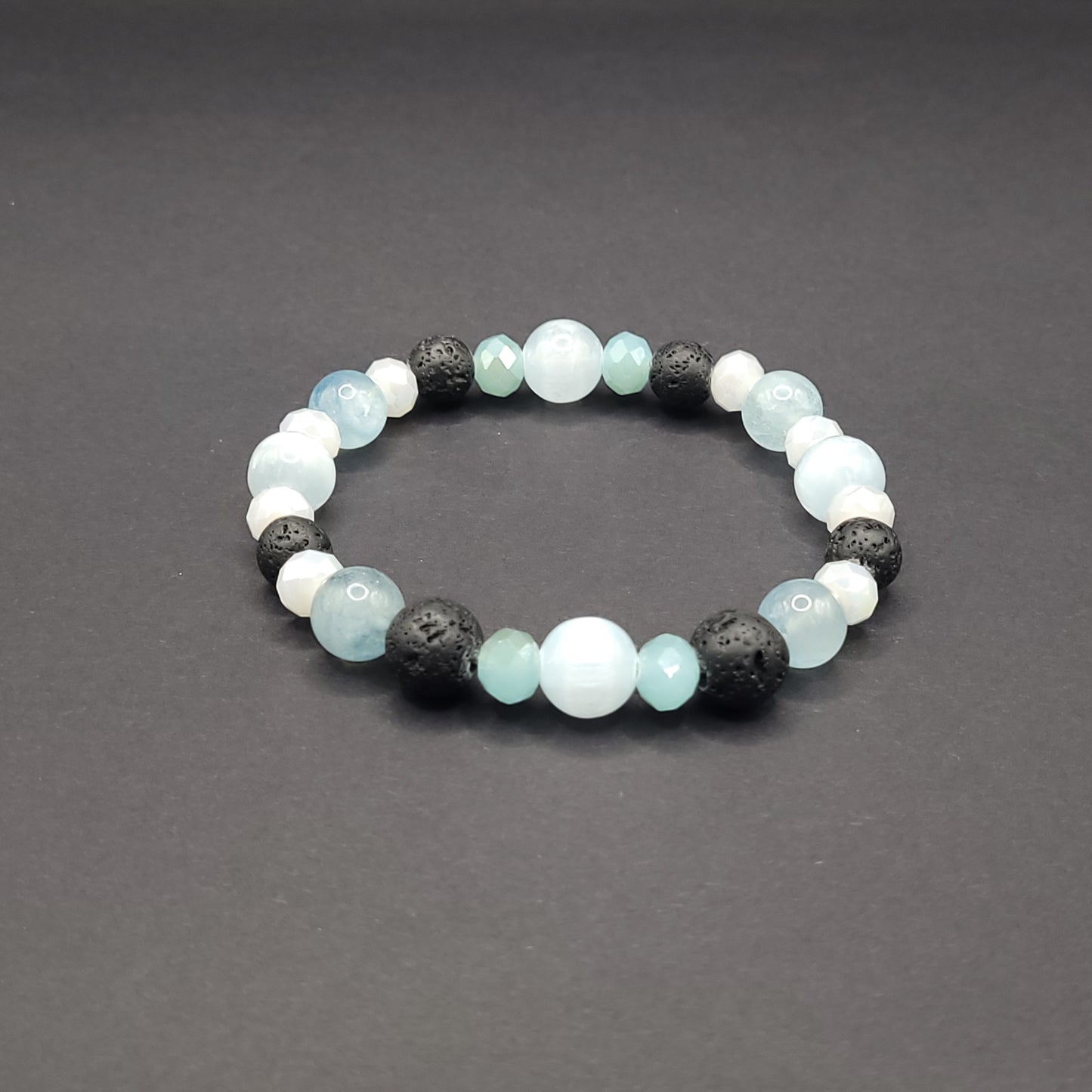 Aquamarine, Lava Rock and Crystal Stretch Bracelet Size 7.5