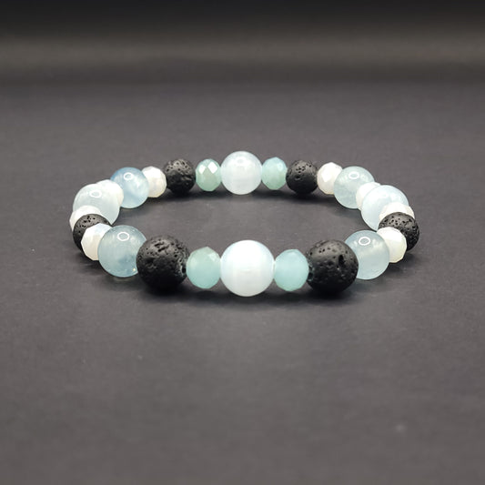 Aquamarine, Lava Rock and Crystal Stretch Bracelet Size 7.5